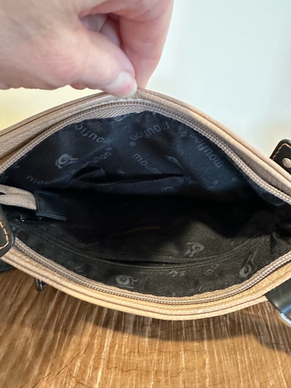 Taupe Crossbody Bag with Black Trim and Adjustable Strap - Picture 8 of 13
